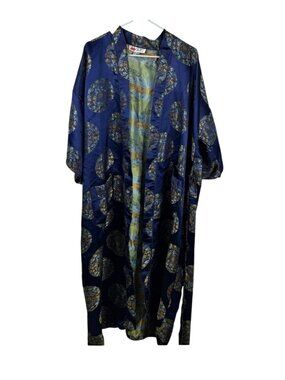 Double Peach Silk Robe Kimono Asian Medallion Blue One Size